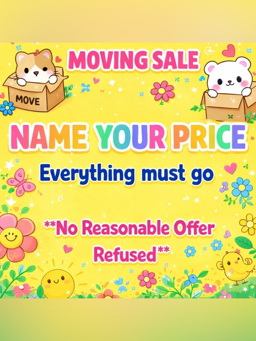 Colorful 'Name Your Price' Moving Sale Poster - Yellow Pink Blue